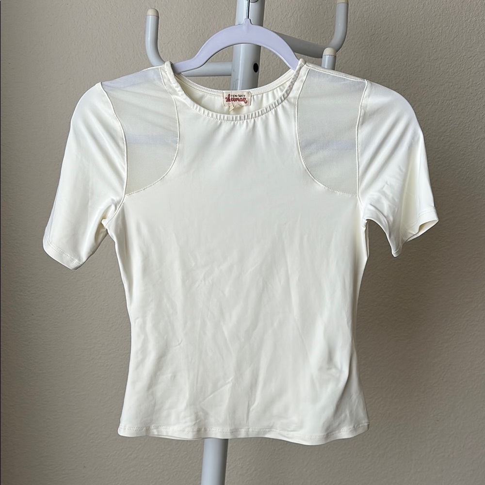 Cream Short Sleeve Top with mesh detail